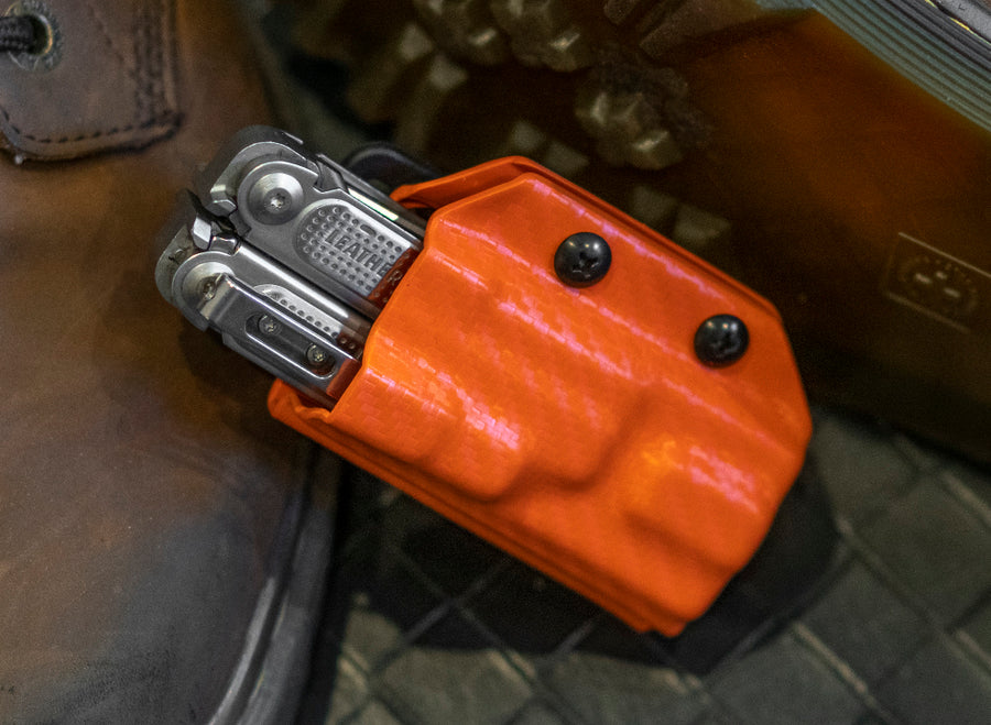 Clip & Carry Kydex Sheath: Leatherman FREE P4 - Orange Carbon Fibre