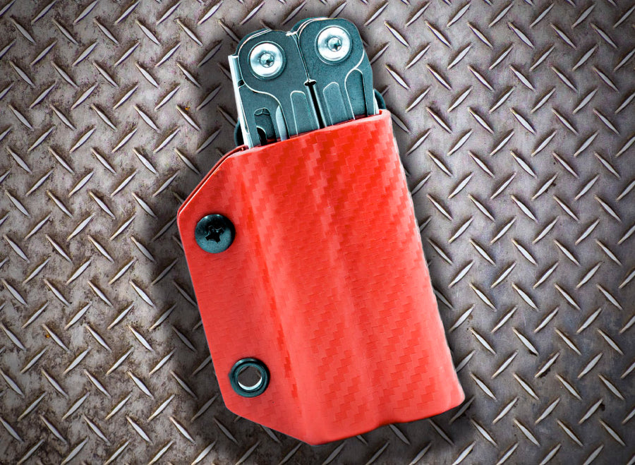 Clip & Carry Kydex Sheath: Leatherman Wingman / Sidekick / Rebar / Rev - Red Carbon Fibre